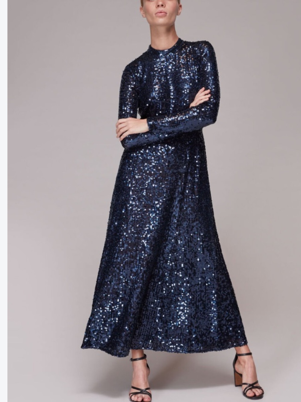 Whistles navy minimal sequin a-line long sleeve midi dress US SZ 4 party glam